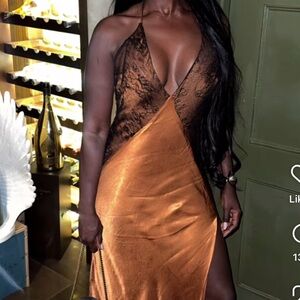 Bardot Satin Midi Dress in Black and Gold